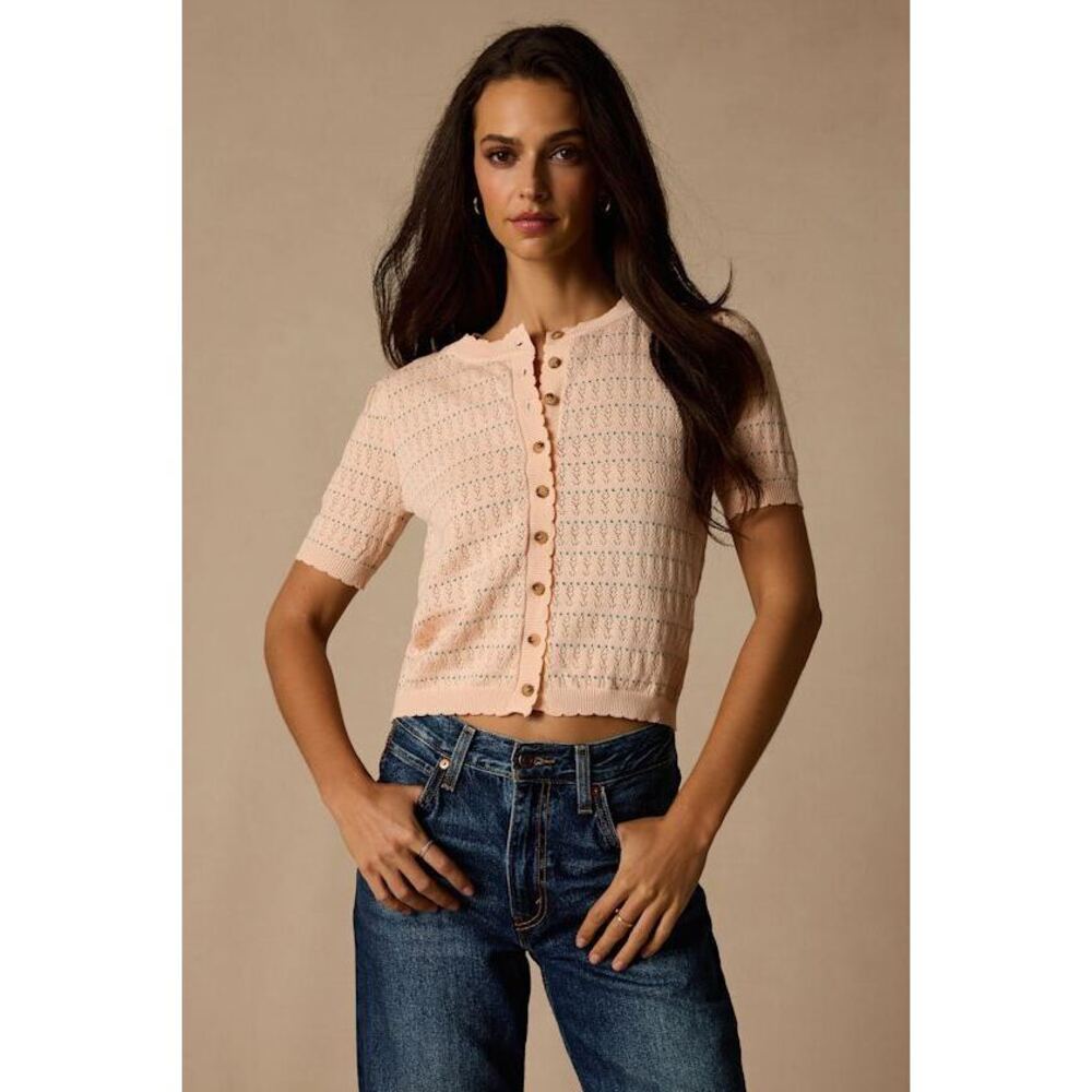 Lulus Reni Peach Pointelle Knit Short Sleeve Cardigan Pink - Size S